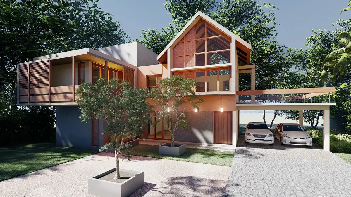 From the driveway in Narammala, the steep pitched roof and its diagonal glazing dominate the skyline, with potted shrubs and a paved stone...