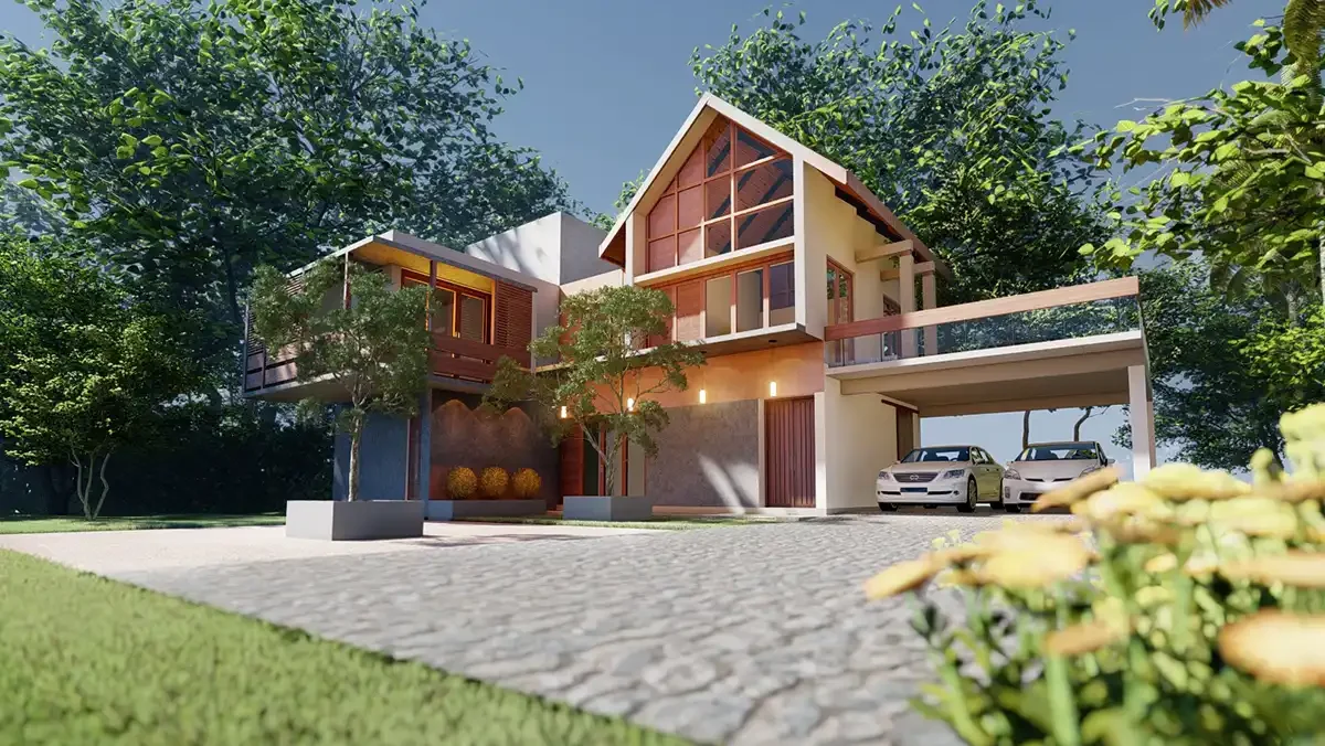 A wider daytime shot places the full elevation in context, the gable's timber apex framed by surrounding trees while two cars sit parked beneath...