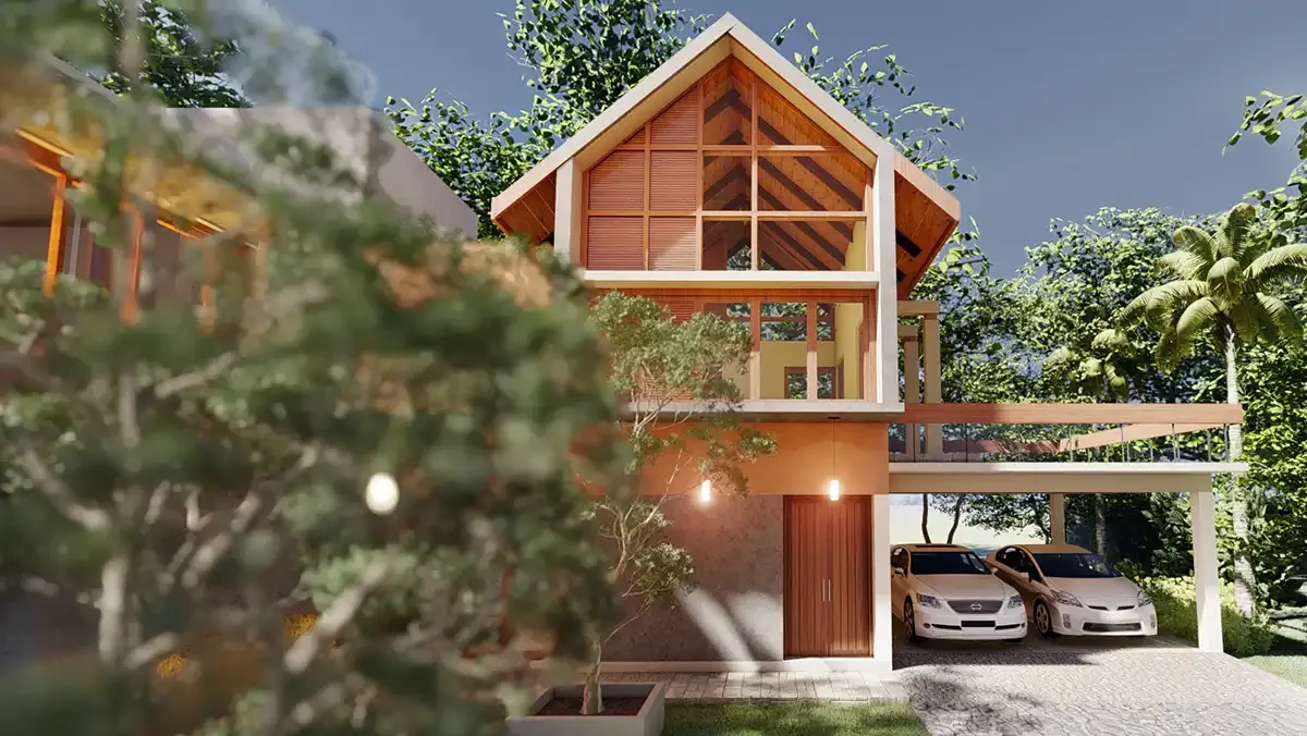 Shot through foreground foliage, this view frames the gable's timber lattice and warm interior lighting at dusk, with a pair of cars sheltered...