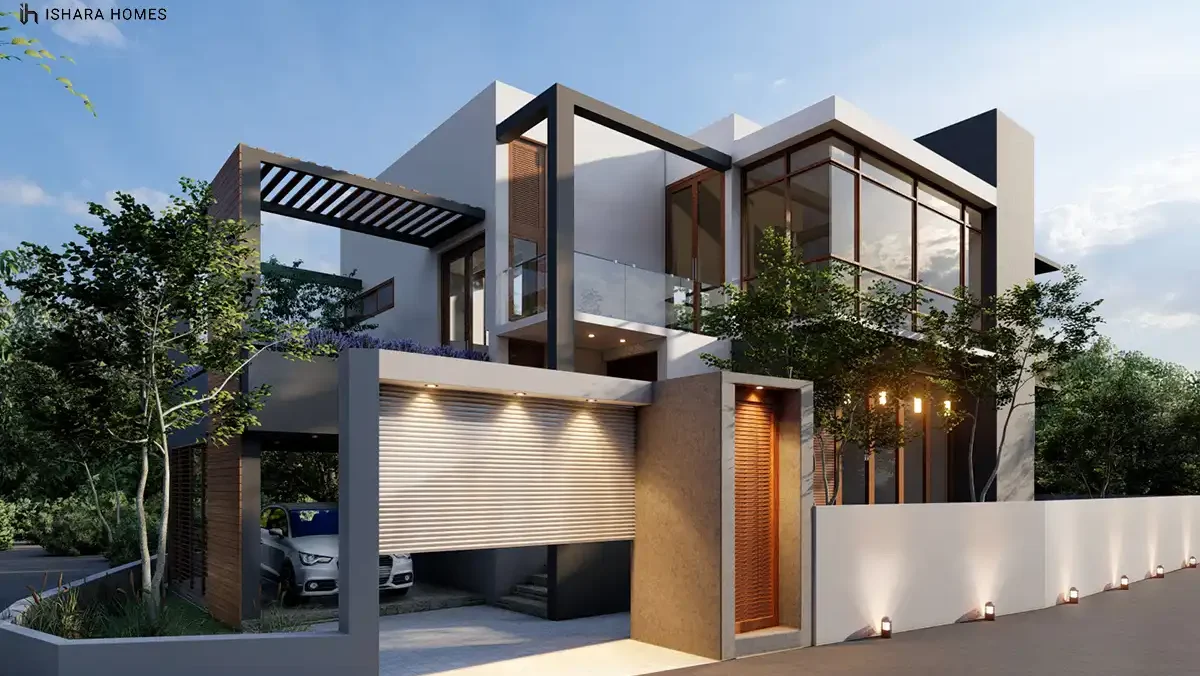 The Glass Cube's angled facade combines a dark steel-framed pergola with expansive glazing, a roller-door garage and timber front door sitting...