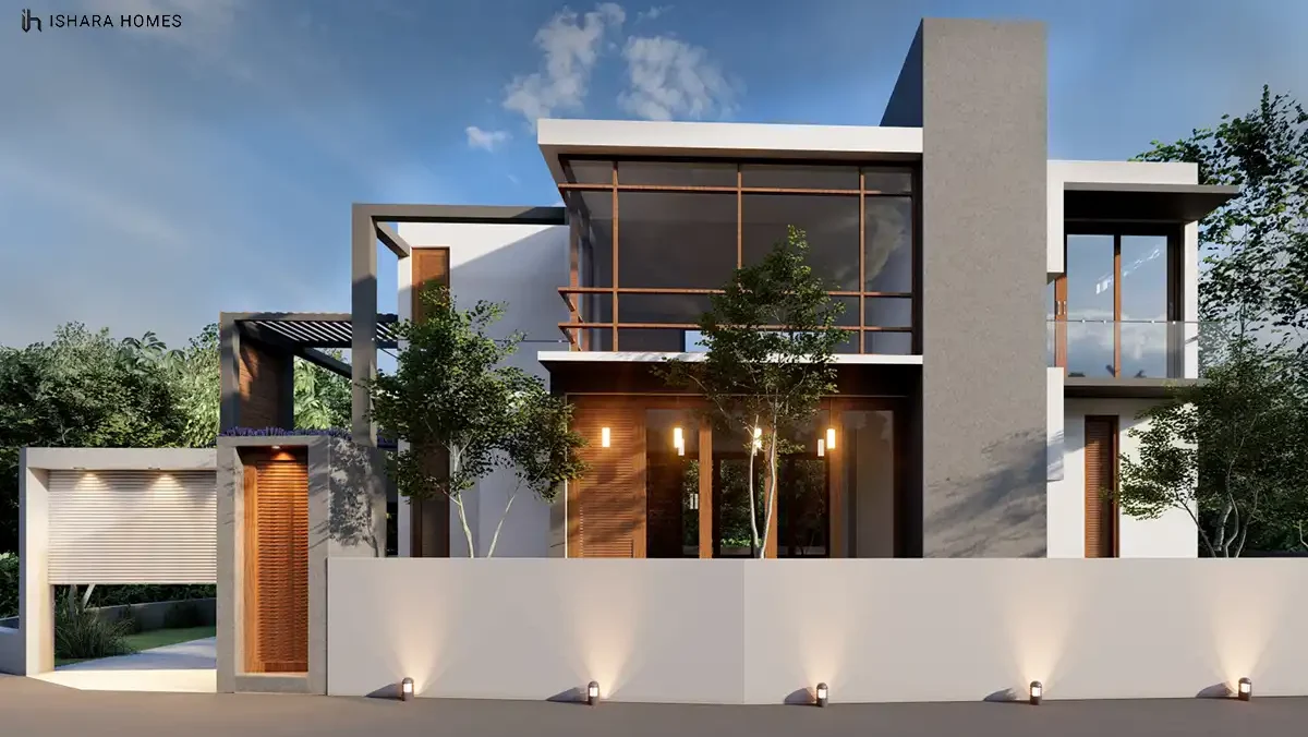 Viewed head-on, floor-to-ceiling glass wraps the living spaces behind a timber-look balcony screen, while a stone-textured column anchors the...