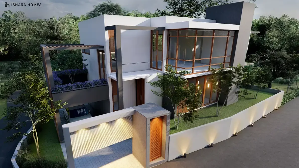An aerial view shows the cube-like massing from above, with a rooftop planted with lavender-toned shrubs, a partly open pergola, and a curved...