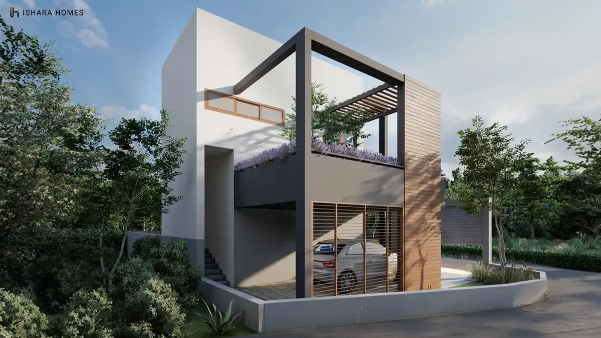 This side view isolates the home's geometric steel-framed balcony and timber slat cladding, a single hatchback parked beneath the angular overhang...