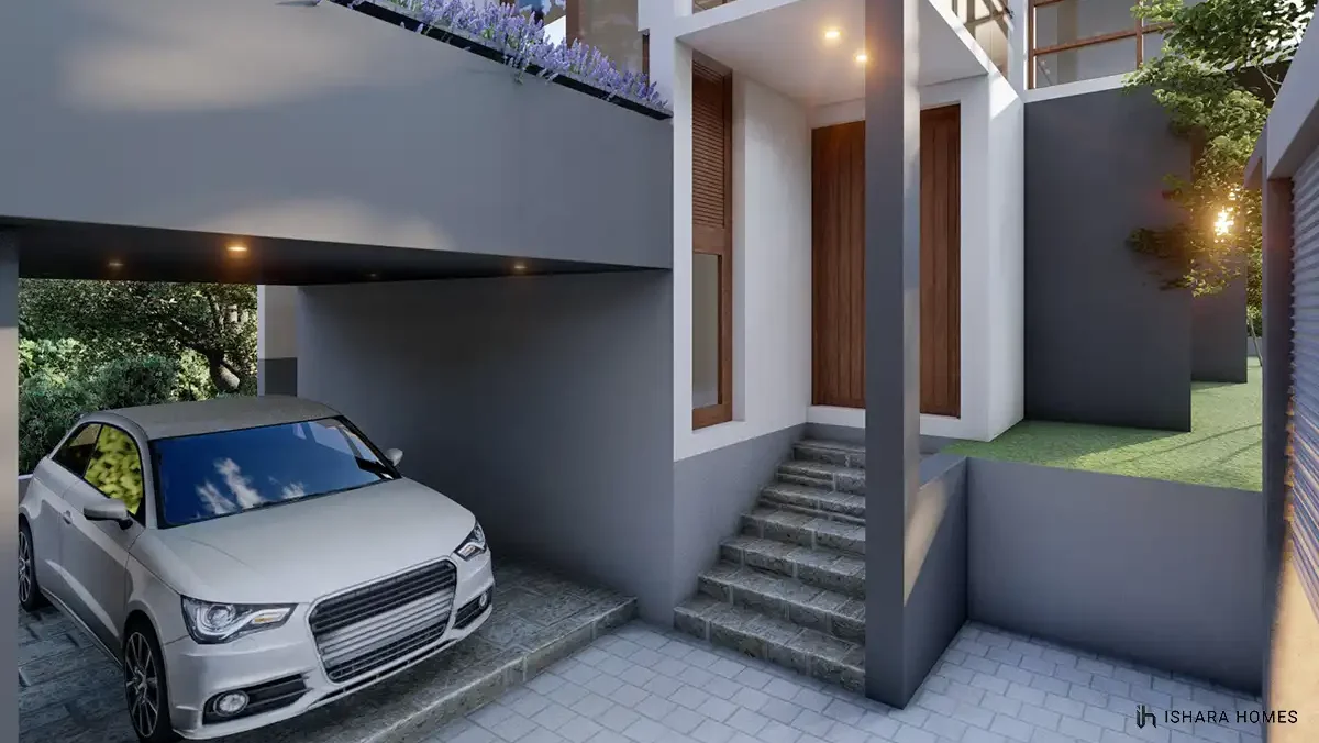 At the covered entrance, a car sits parked in the shaded carport beside a stone staircase leading up to a timber double door, purple rooftop...