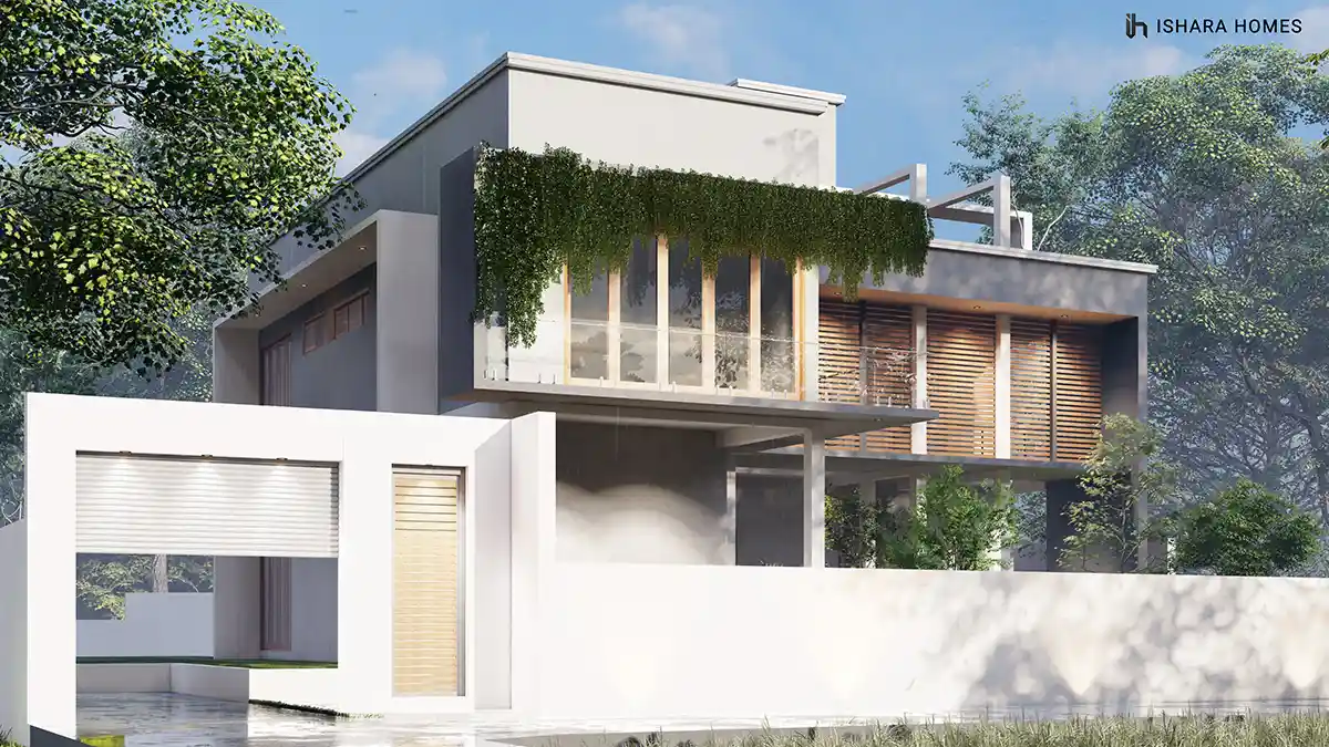 A closer view of the entrance side, where trailing vines spill from the balcony edge above a double garage and slatted timber gate.