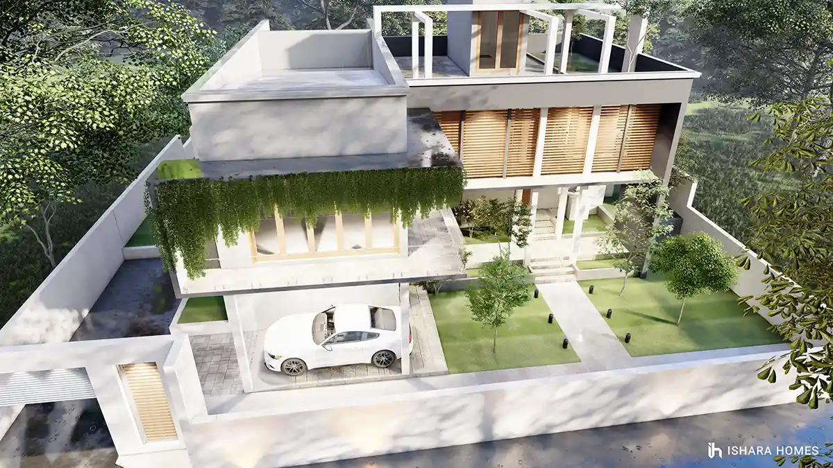 An aerial view of the property showing the vine-covered terrace roof, a car parked in the private courtyard, and the landscaped garden paths below.