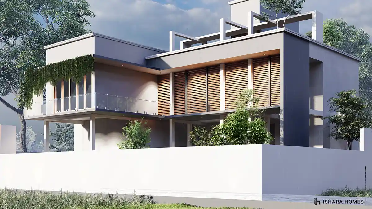 A wider daytime view of The Golden Meadows' main façade, the cascading greenery and warm timber slats echoing the home's contemporary garden setting.