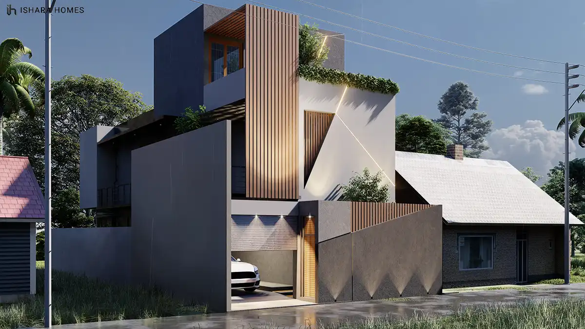 The Grand Lagoon's angular facade combines board-formed grey concrete with vertical timber slats and a sharp diagonal light line, softened by a...