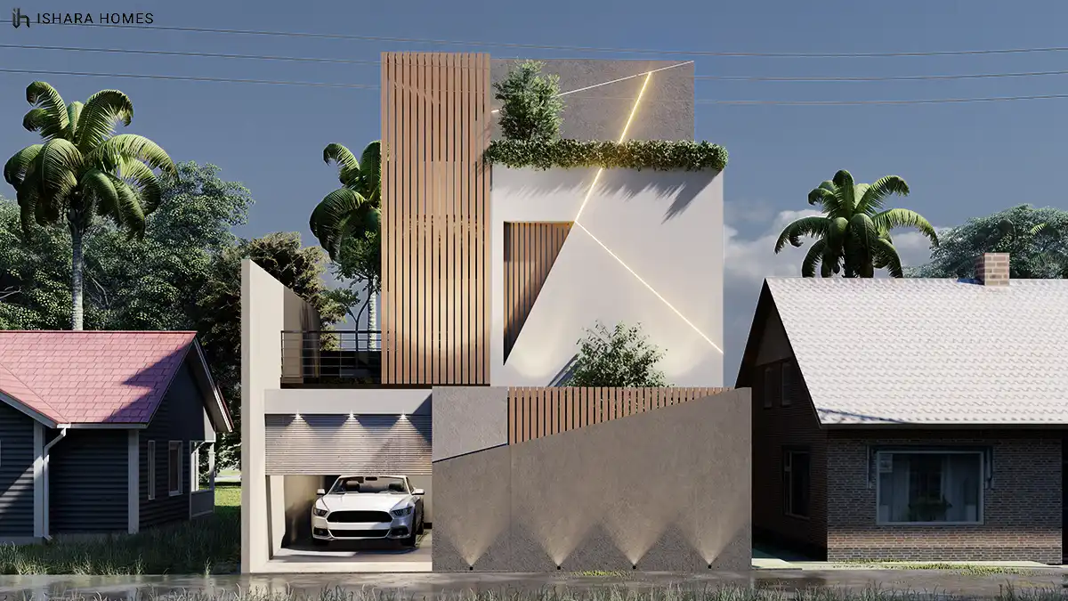 Flanked by tall palm trees, the front elevation shows the same faceted geometry by daylight, its timber cladding and glowing linear light strip...