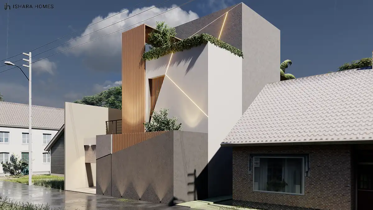 A closer daytime view reveals the sculptural interplay of angled concrete planes, warm timber battens, and trailing greenery along the parapet of...