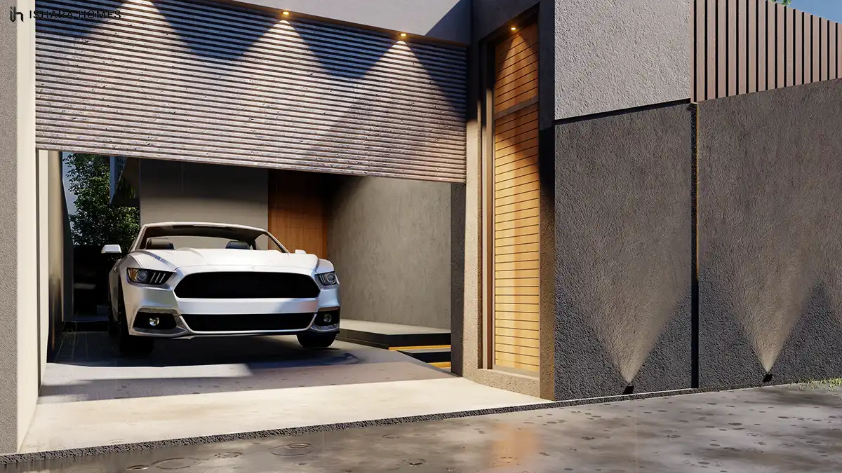 Inside the ground-floor garage, a white sports car sits beneath a slatted timber ceiling, with warm wood panelling and soft downlights giving the...