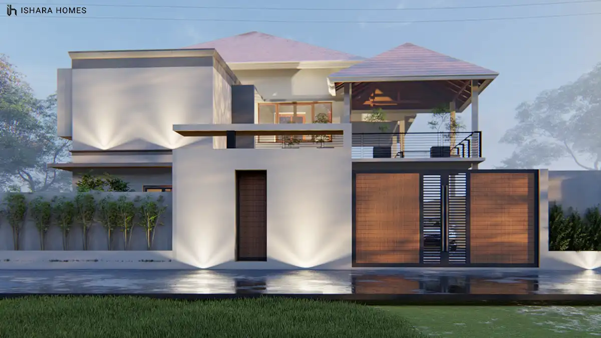 By dusk, the same hipped-roof veranda glows warmly behind a textured timber gate, its columns and balustrade lit from below along the...