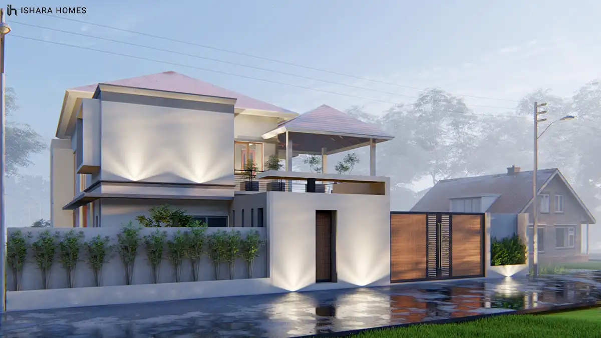A twilight view of the entrance shows soft uplighting washing over the rendered facade, with a solid timber door and slatted privacy screening...