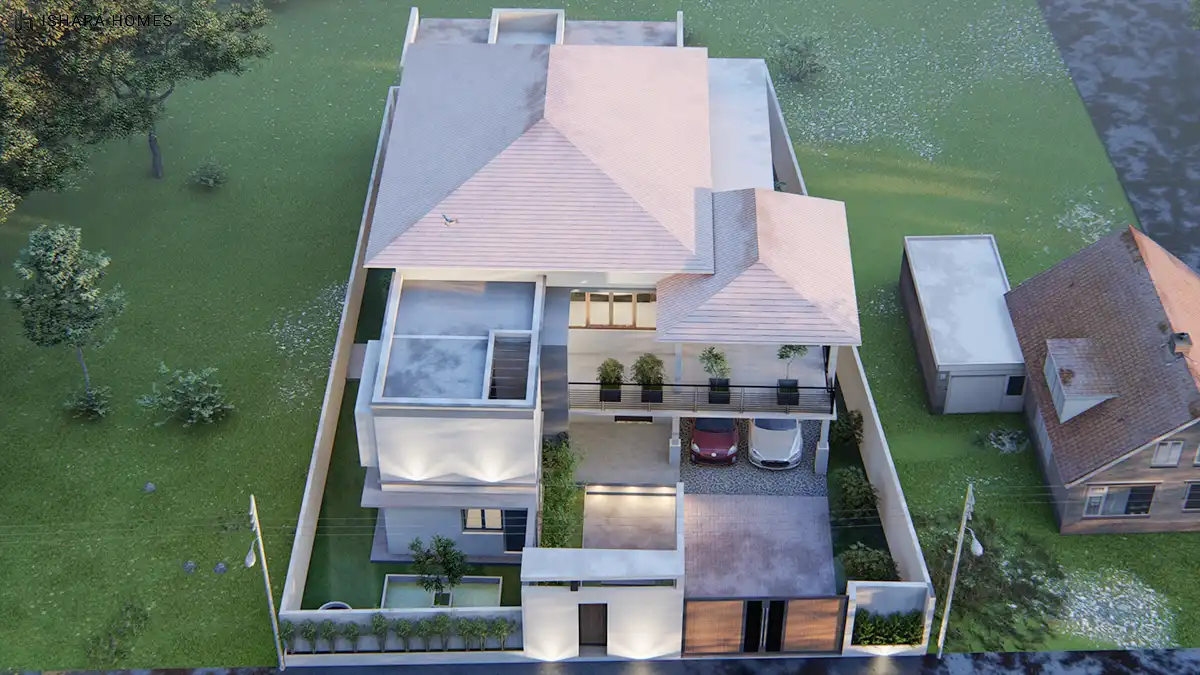 From directly above, the grand hipped roofline unfolds over the central courtyard, revealing a rooftop terrace, covered car court, and a pair of...