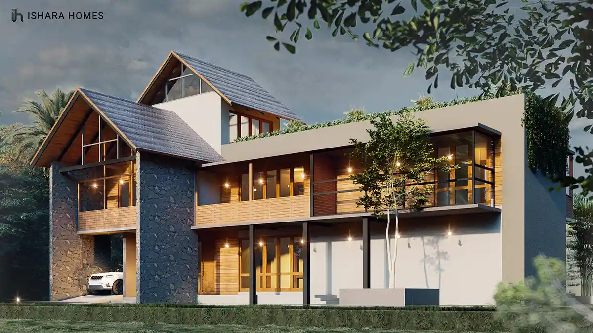 The Grand View Lodge in Padukka, its steep dual-pitched tiled roofs and timber gables rising above a stone-clad ground floor beside the swimming...
