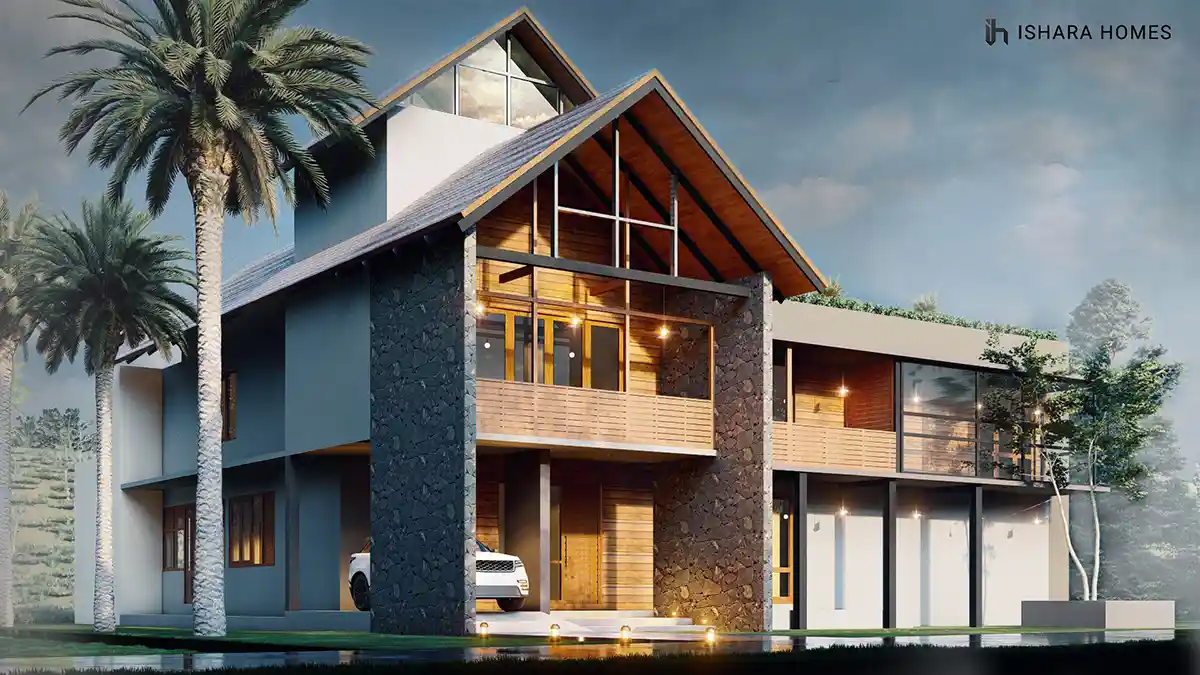 The rear façade overlooking the pool, where timber balconies wrapped in warm light run the length of the tropical estate above a glassy poolside...