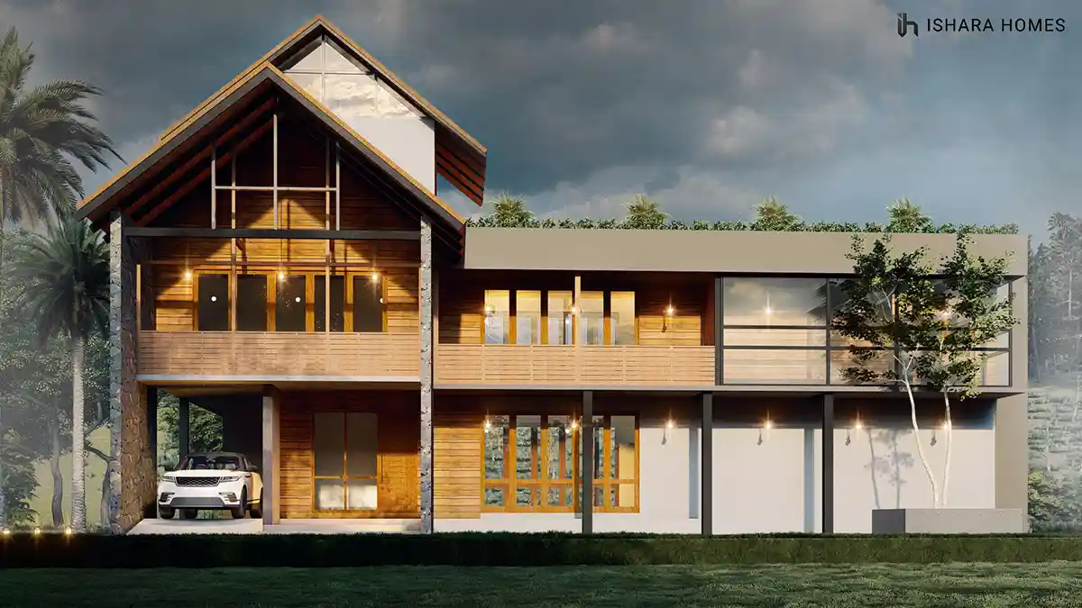 A drone view over the property showing the full footprint of the pitched-roof estate, its rooftop terrace planters, and the private pool tucked...