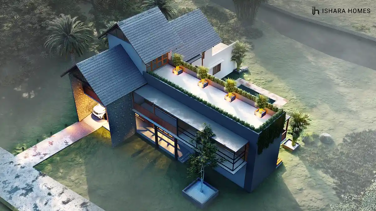 The full street-facing elevation of this modern tropical estate, its dark timber cladding and dual pitched roofs stretching above ground-floor...