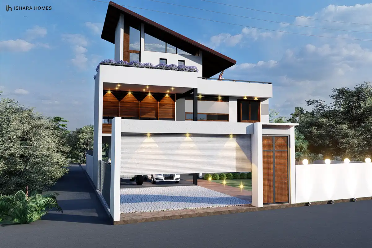 Seen from the side, the sculpted shed roof appears to float above the white facade, while a paved forecourt and warm downlighting lead the eye...