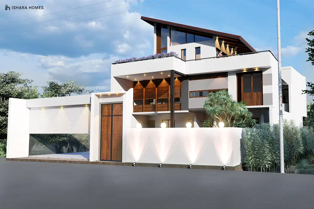Dusk settles over the Bibile home as its wood-slat balcony glows from within, illuminated bollards line the boundary wall, and lush palms soften...