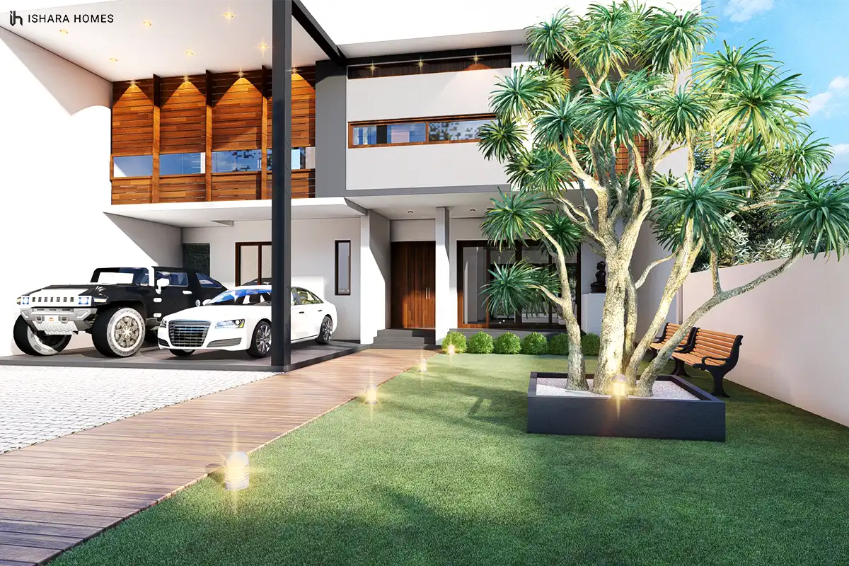 Under a wide porte-cochere, a black SUV and white sedan sit parked on timber decking beside a manicured lawn, with a mature clipped tree anchoring...