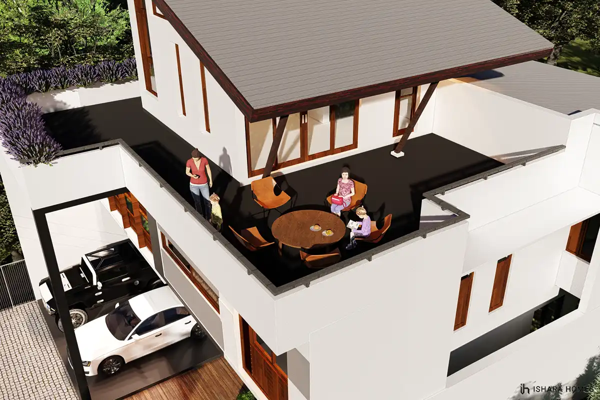 Looking down over the rooftop terrace, a family gathers around a round dining table beneath the angled roof overhang while the covered carport...