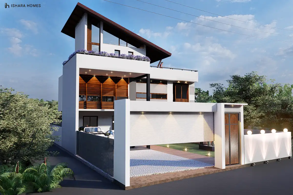 From the street, the home's angular profile stands out against the tree line, its ground-floor roller shutter and timber gate framed by a low...