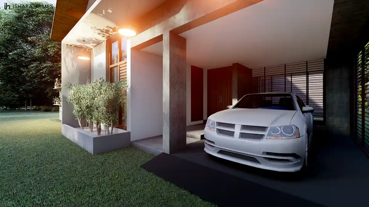 Under the covered carport, a car sits parked beside warm timber panelling and downlights, with potted greenery softening the entrance corridor...