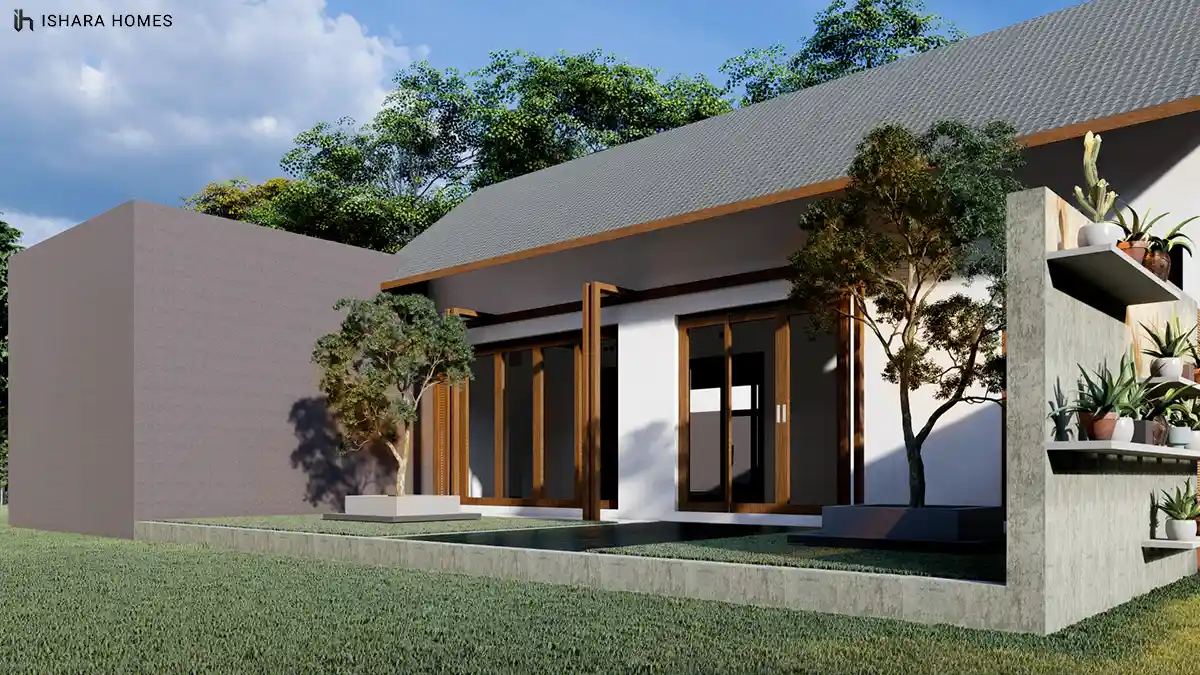 The side garden elevation reveals full-height timber-framed glass doors opening onto a covered walkway, with a slate roof, potted trees and a...
