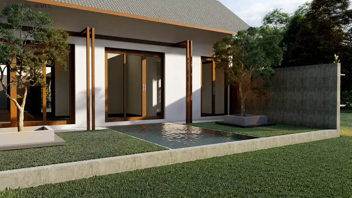 A rear courtyard view shows a row of timber-framed sliding doors reflected in a narrow reflecting pool, bordered by trimmed lawn and a textured...
