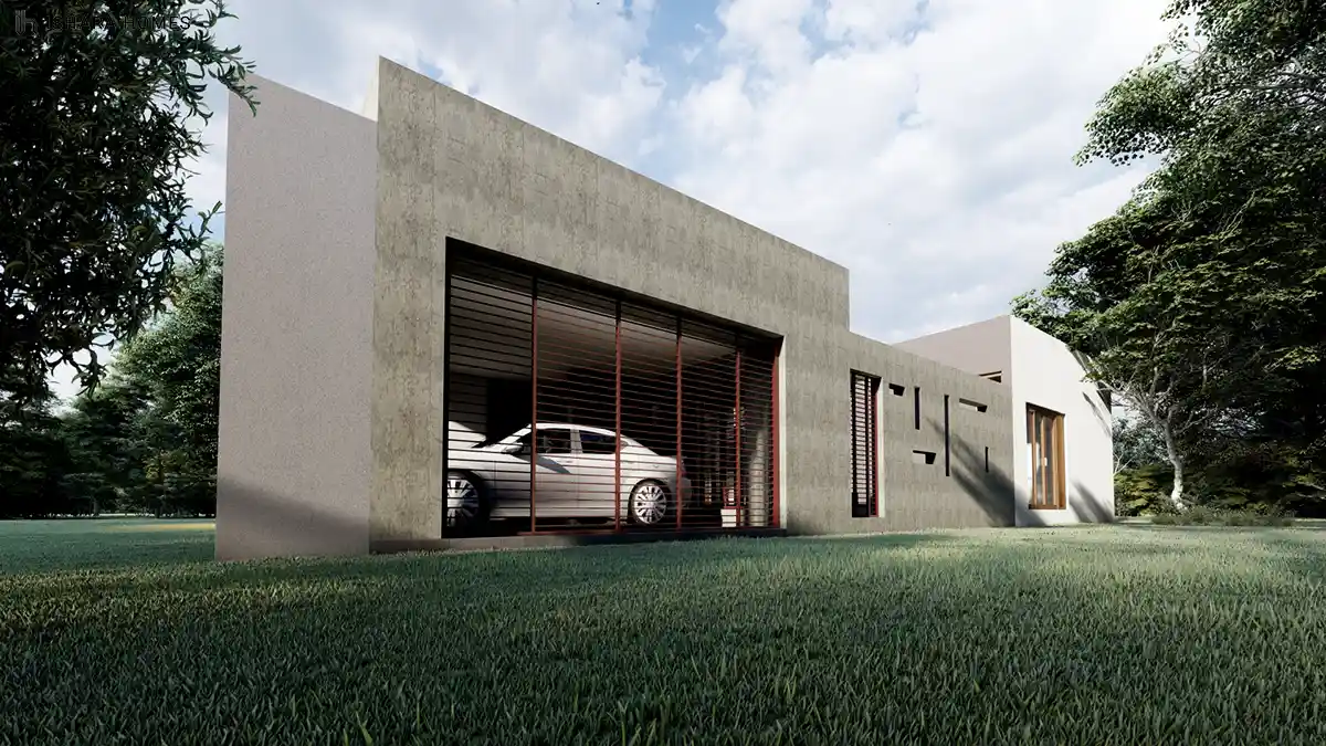 The garage wing presents a solid, minimalist concrete volume with a slatted red-framed roller door, its clean geometric massing set against the...
