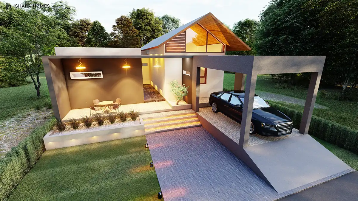 An aerial view over the property reveals the full pitched roof form, the sheltered veranda dining nook and the box-framed carport, with landscaped...