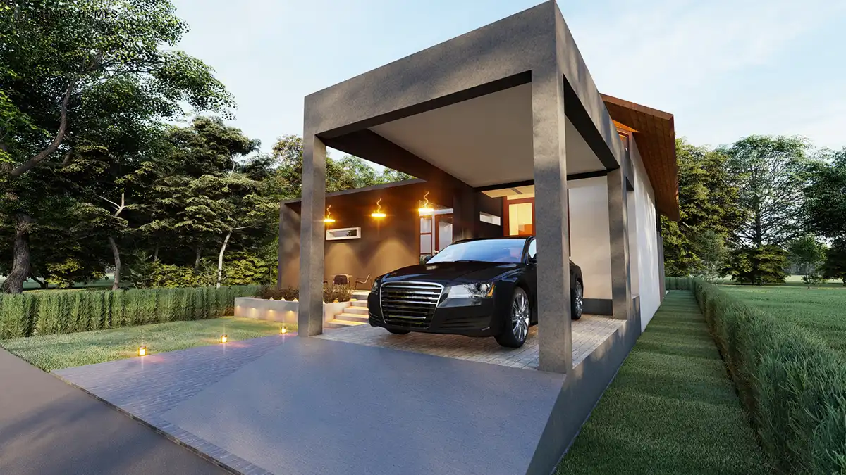 From the driveway, the home's angular concrete carport frames a parked car against the warmly lit veranda and steep timber gable beyond, set...