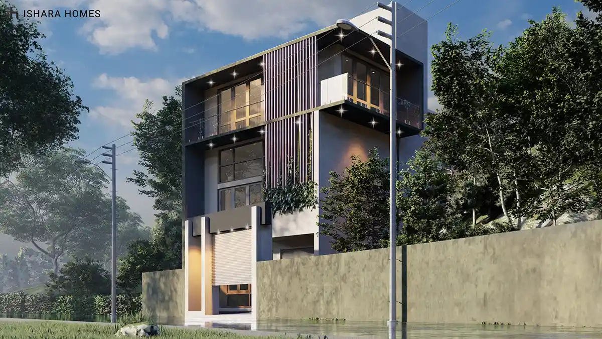 Seen from a lower angle, slender vertical timber fins run the height of the facade beside tall glazed windows, with a stone boundary wall and...
