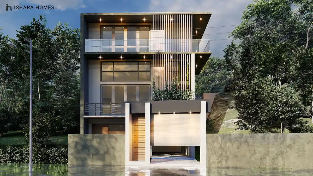 From this angle in Ragama, the multi-level home's stacked glass balconies and timber vertical screens catch the evening light, a stone-clad ground...