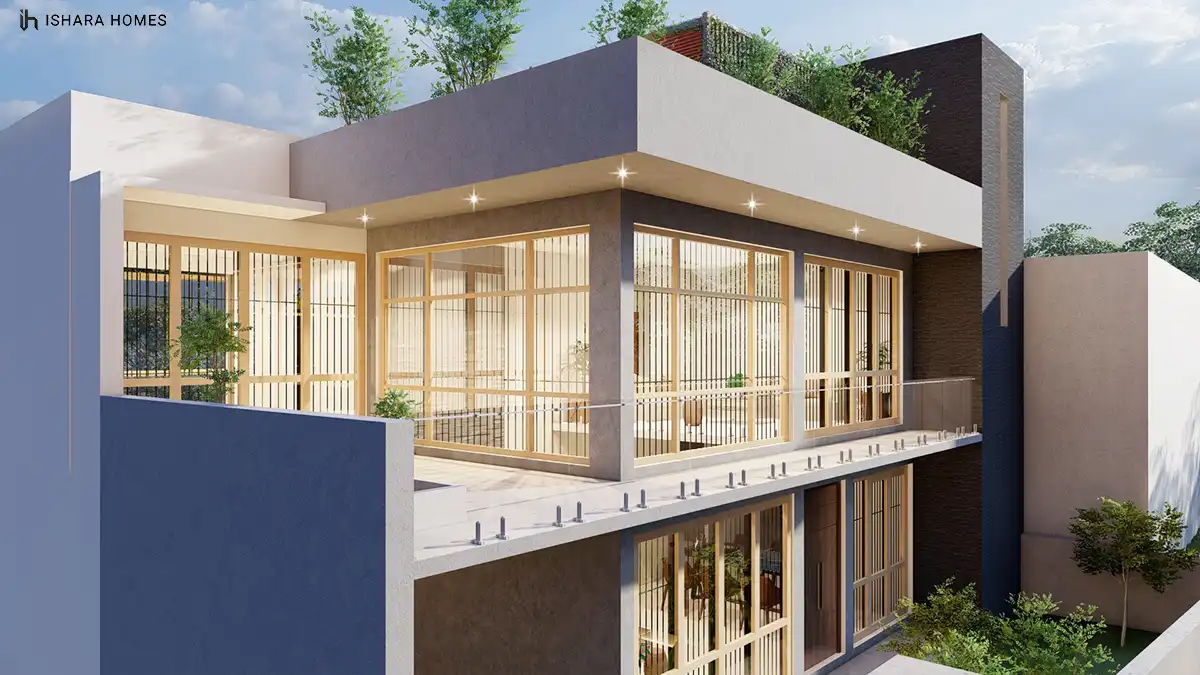 A closer view of the main facade shows floor-to-ceiling glazing bordered by natural timber screens, opening the living spaces to light beneath a...