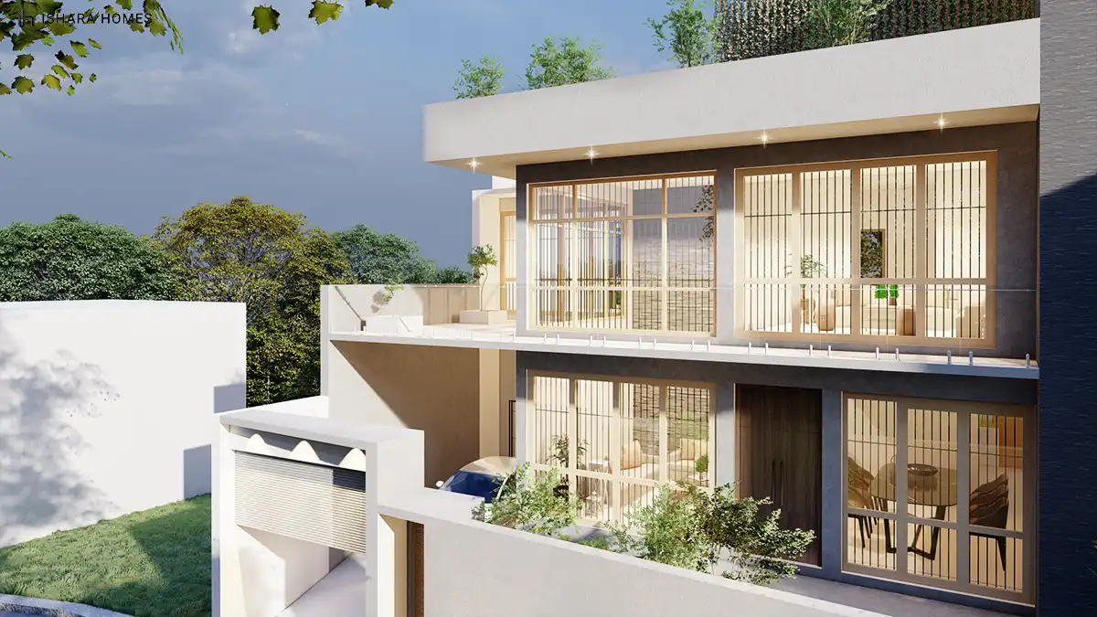 Through tall timber-mullioned windows, glimpses of furnished interiors are visible on both levels, while a car is tucked beneath the terrace and...