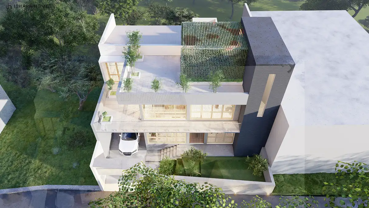 From directly above, the home's layered flat roofs, planted green roof, and covered carport are laid out together, with a car parked in the shaded...