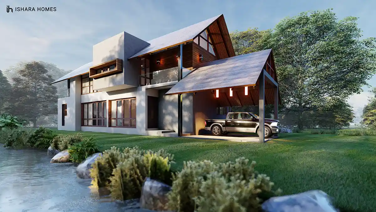 By a still pond fringed with rocks and reeds, the home's grey rendered walls and layered timber roofs rise behind a covered carport where a pickup...