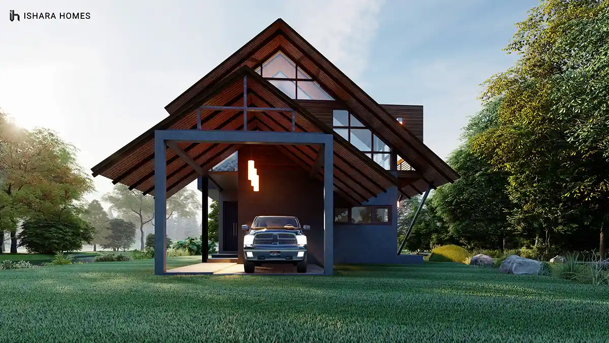Under the soaring gable of the entrance porch, a pickup truck is framed by exposed timber trusses and a hanging pendant light, with morning mist...