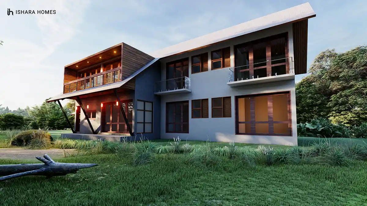 From the rear, the home's long sloped roofline and glass-walled upper storey catch the afternoon sun, its balcony and ground-floor windows framed...