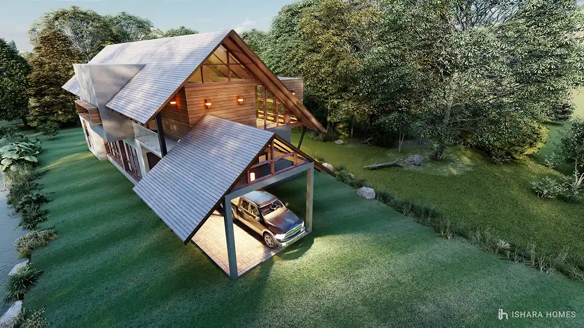 Viewed from above, the Jungle House's cascading gable roofs and covered carport nestle among mature trees and open lawn, a car sheltered beneath...
