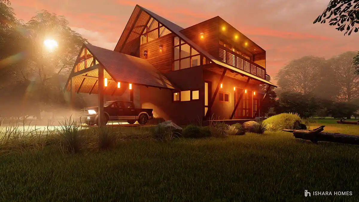 As sunset paints the sky in amber, the home's timber-and-glass facade glows from within, its steep gables and cross-braced supports silhouetted...