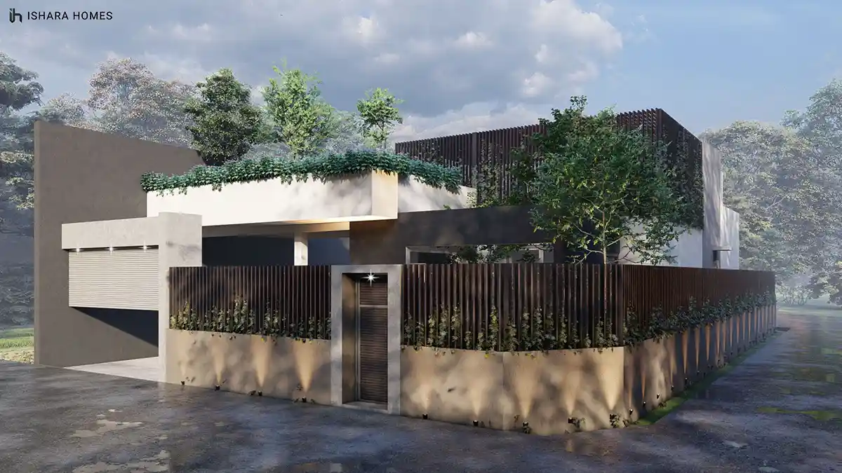 The Lilac House sits low behind a dark timber-slatted boundary wall threaded with climbing greenery, its white upper volume and charcoal accents...