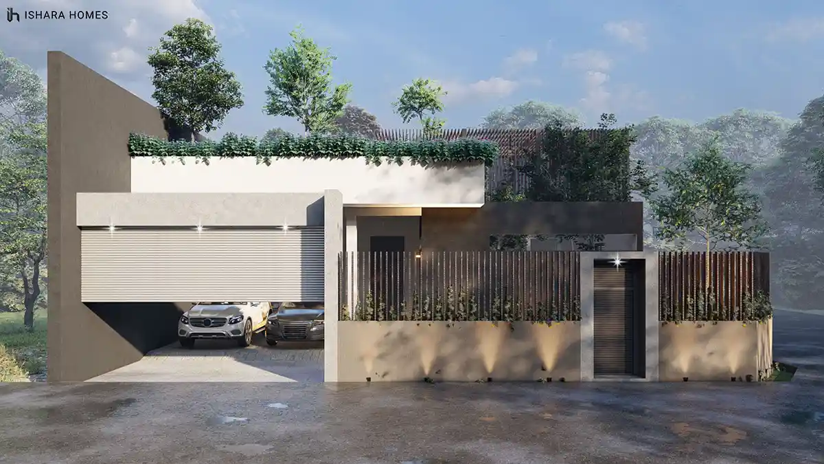 The full front elevation shows a white box-form upper storey topped with a green planted parapet, set above a slatted timber fence with two cars...