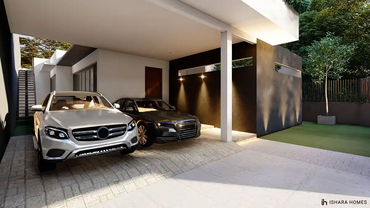 Inside the covered carport, a white SUV and a dark saloon are parked side by side beneath a crisp white canopy, with recessed wall lighting and a...