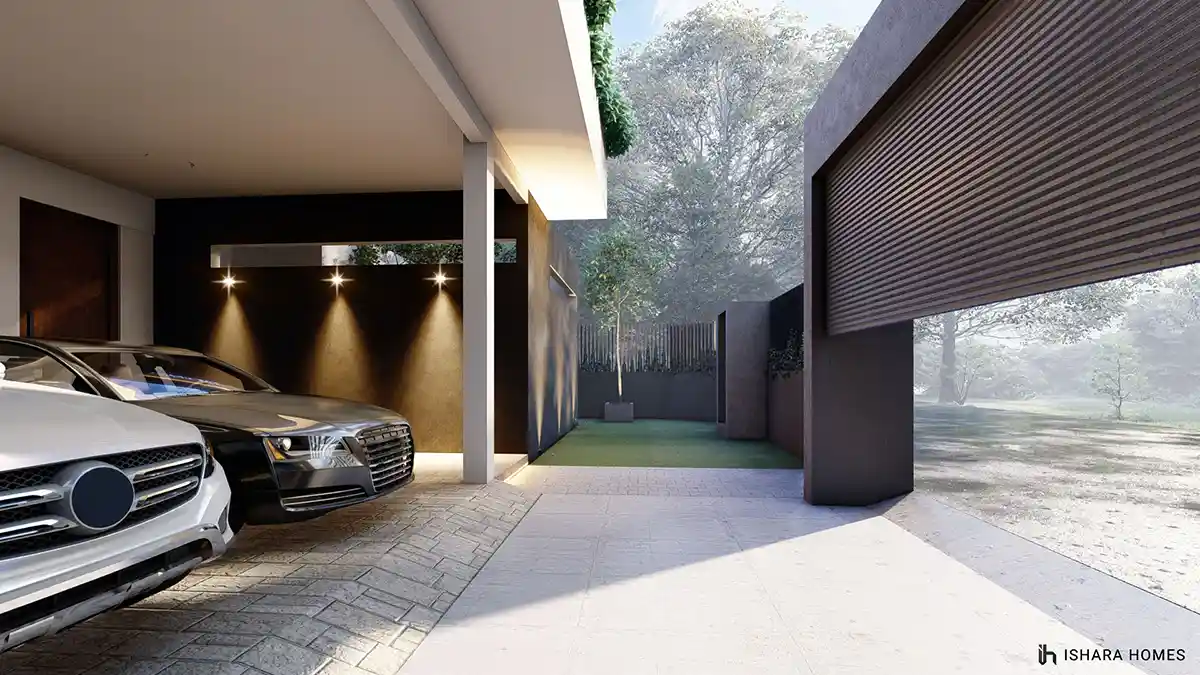 Another carport view at dusk frames two parked cars beneath the home's clean white overhang, with a slatted charcoal roller door and a young tree...