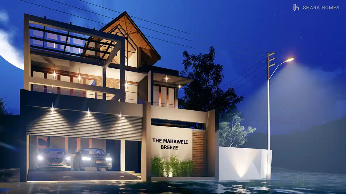 At night, two cars wait in the ground-floor carport as headlights catch the driveway, while the home's stacked balconies and gable glow softly...