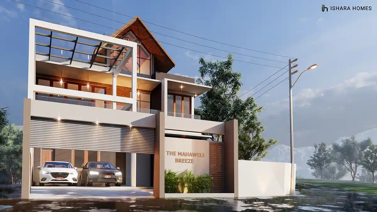From a raised angle at dusk, the full composition of pergola, gable roof, and layered balconies is visible, with two cars parked in the...