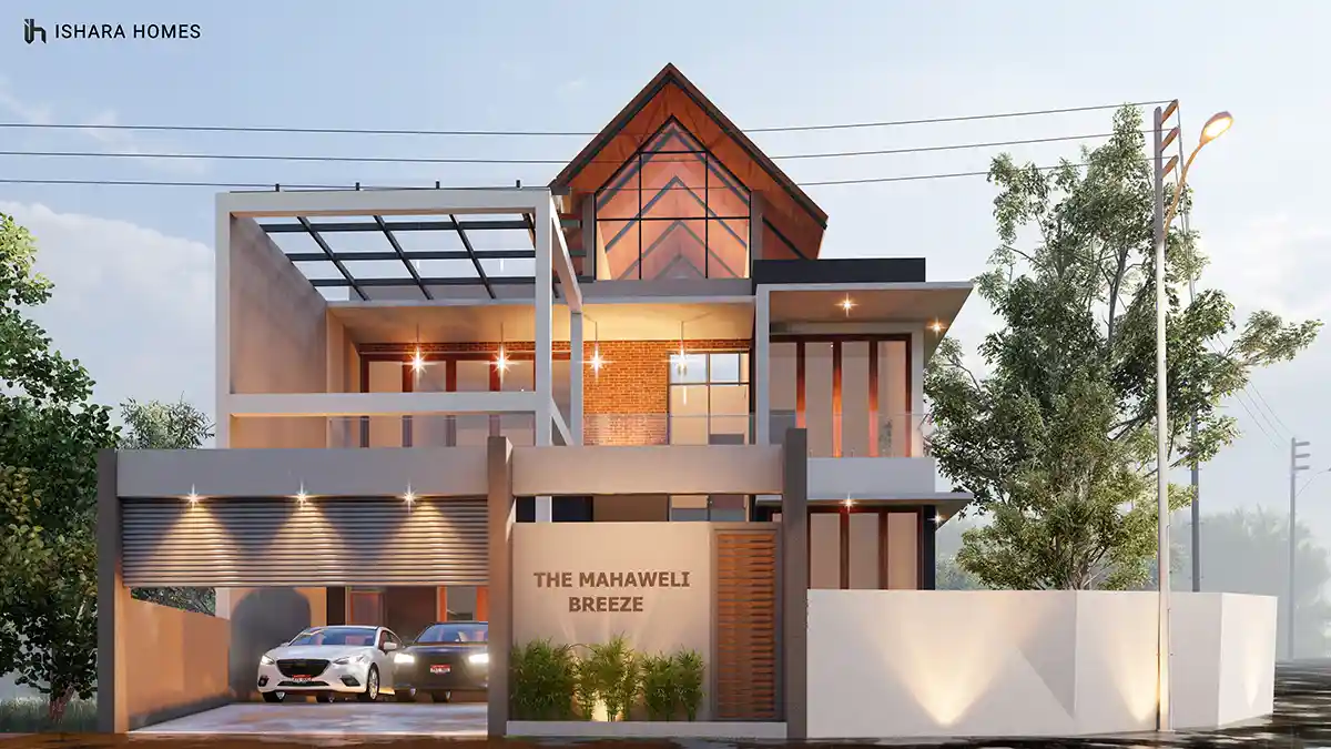 In fading daylight, the chevron-patterned timber gable takes centre stage, its warm glow contrasting with the cool grey pergola and pair of cars...